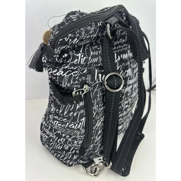 Sakroots Black Backpack White Script Print Convertible Travel Boho Bag Keychain - Picture 12 of 16